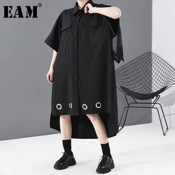

[EAM] Women Asymmetrical Hollow Out Mesh Big Size Dress New Lapel Half Sleeve Loose Fit Fashion Tide Spring Summer 2020 1T810