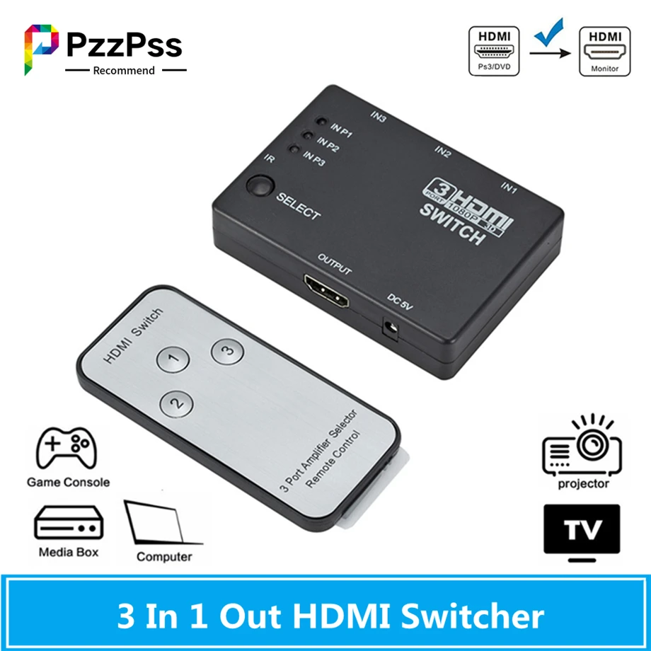 PzzPss HDMI Switcher 3 In 1 Out 3 Ports Hub Box Auto Switch 1080p HD 1.4 With Remote for HDTV XBOX360 DVD Projector