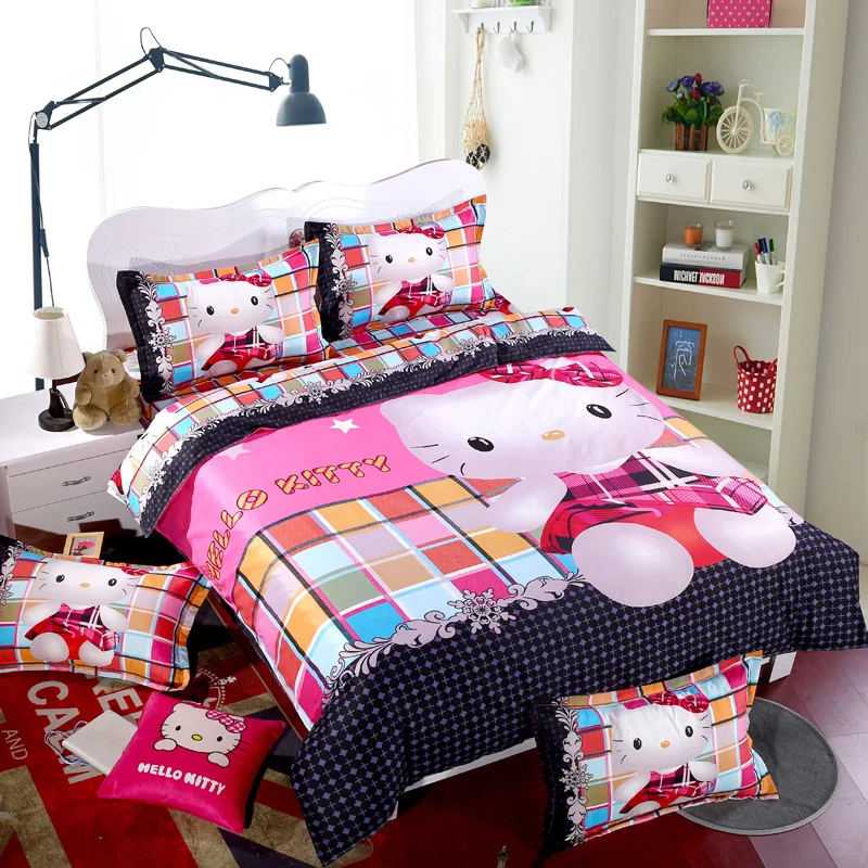 Темно-синий Hello kitty, хлопковый комплект постельного белья для детей, мультяшное постельное белье, Ститч, Doraemon, пододеяльник, комплекты, простыня, наволочка, Твин, полный размер, королева - Цвет: Темно-синий