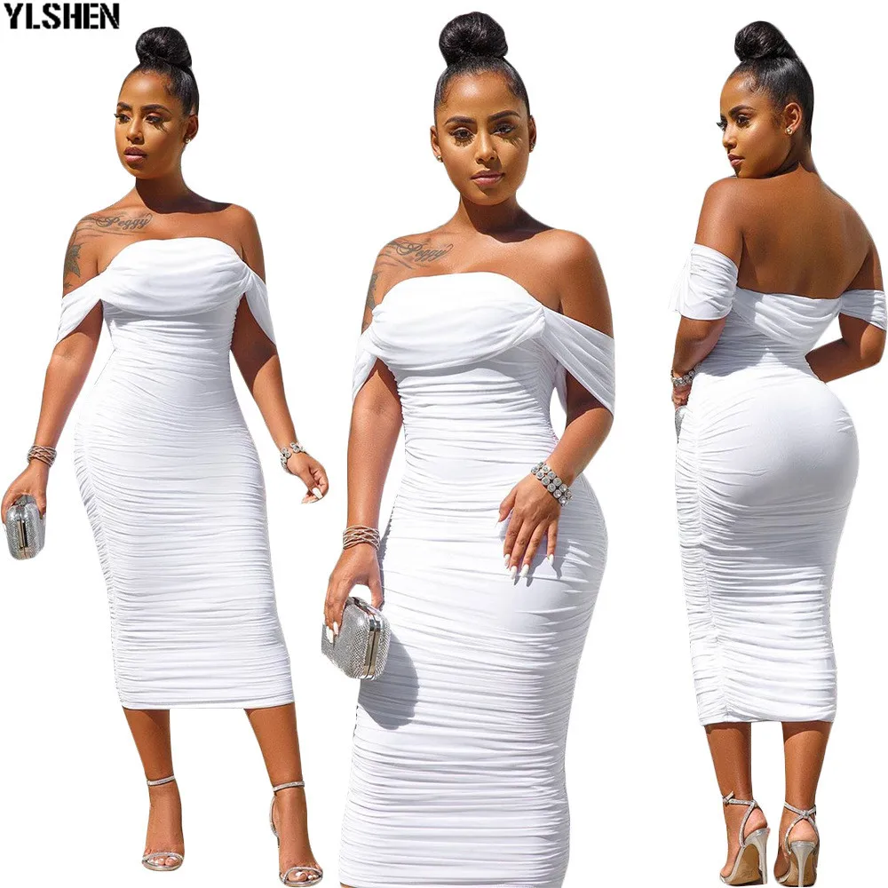 White Bodycon Africa Dress African Dresses for women Sexy Off-shoulder Fold Pencil Party Maxi Dress Evening Clothing for Lady 05