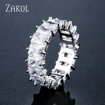 ZAKOL Fashion Mutilcolor AAA Baguette Cubic Zirconia Wedding Finger Rings for Women Luxury T Shape Stone Party Jewelry FSRP2119