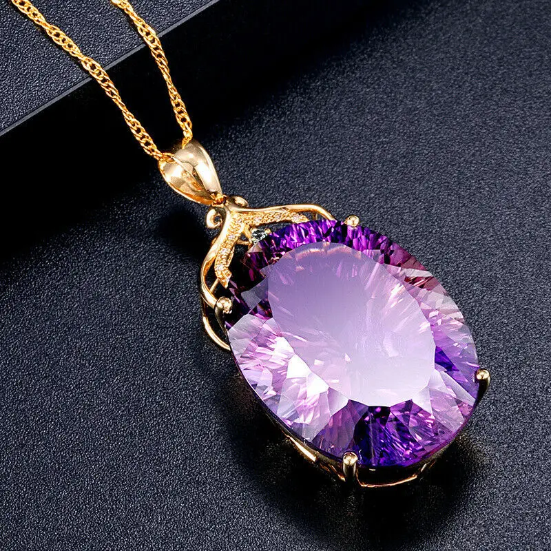 Шарм 18k позолоченный 36CT аметист цвет Овальный кристалл кулон ожерелье Свадебная вечеринка ювелирные изделия для женщин