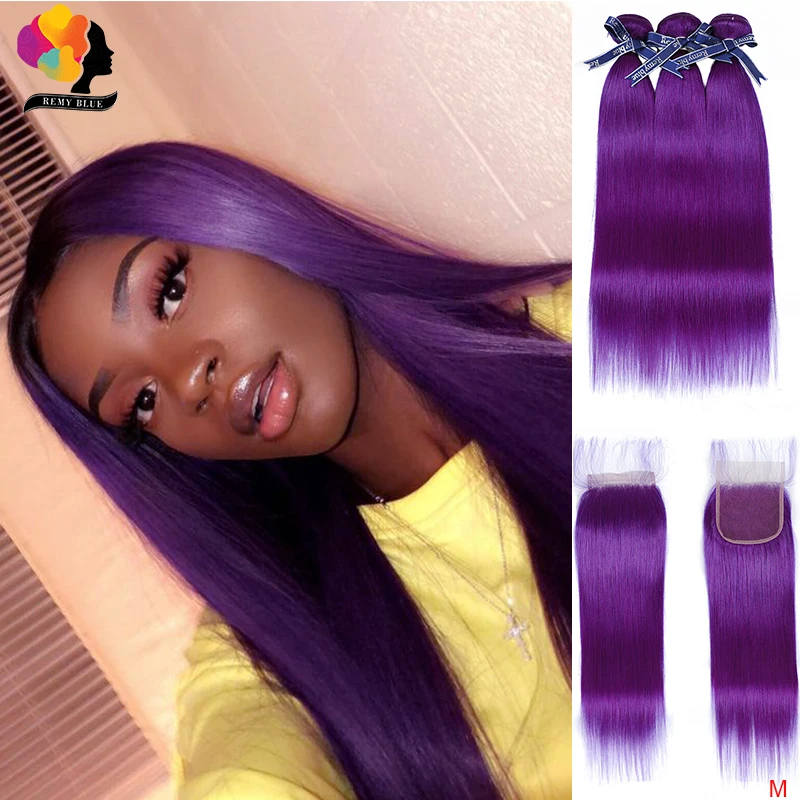 

Brazilian Human Hair 3 Bundles With Closure Pre Colored Purple Straight Hair Bundles With Closure Remyblue Remy With Baby Hair