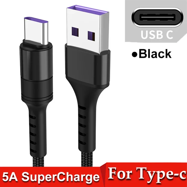 5A USB Type C Cable 0.25m 1m 2m Fast Charging Type-C Cable For Huawei P30 P20 Mate 20 Pro Phone Super Charge QC3.0 USB C Cabo black