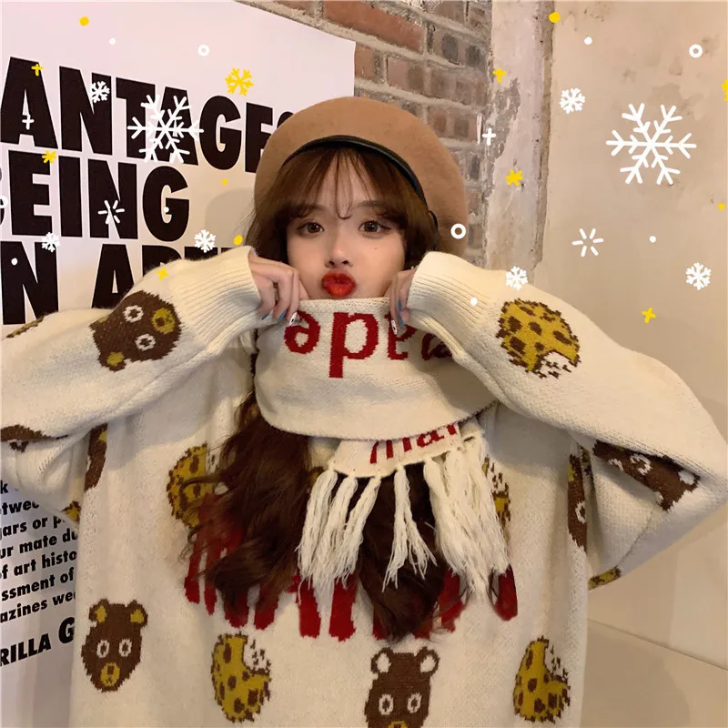 

Autumn Winter 2020 New Christmas Sweater Women's Japanese Lovely Jacquard Crew Neck Pullover Sweater Loose Top Bear PrintSweater