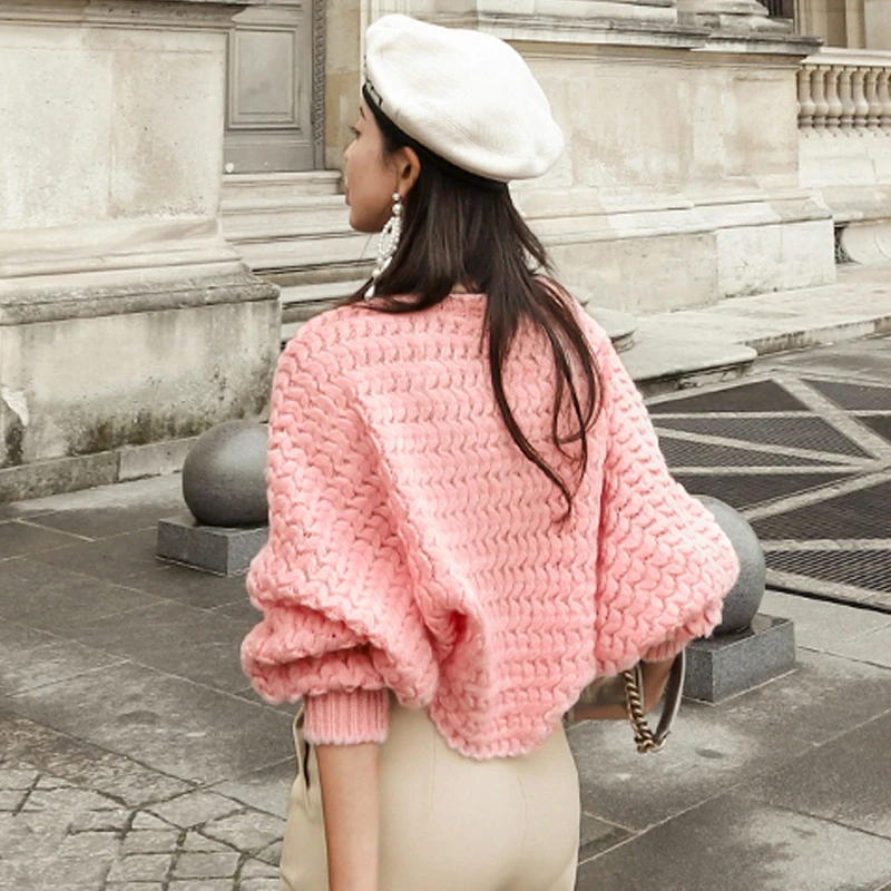 H Han Queen Solid Color Pink Batwing Sleeve Knitted Pullovers Sweater Women Winter New Loose Pullover Sweaters Casual Mujer Tops