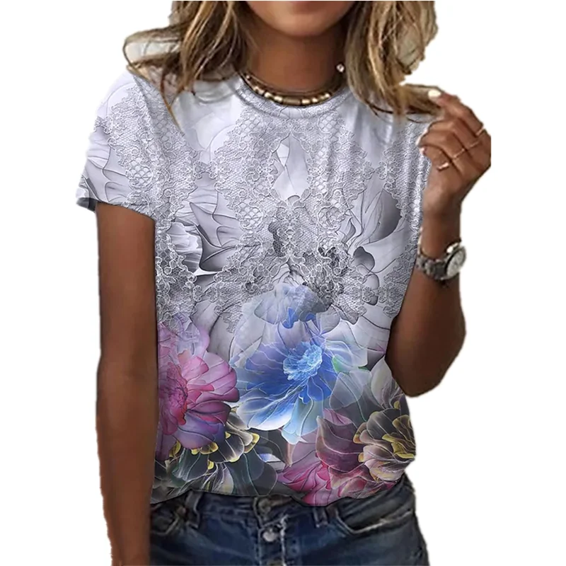 2021 New Women's Rose Flower Pattern Printing Top Fashion Summer Short-sleeved Fashion Casual Plus Size 3D Rose Printing T-shirt