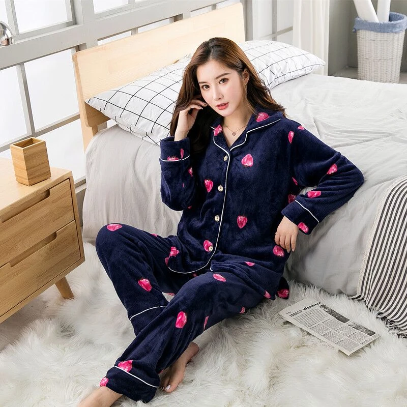 Conjunto de pijama grueso de franela para mujer, ropa con dibujos animados, de felpa, Sexy, para otoño e invierno, talla grande, 2 unids/set|Sets de pijamas| - AliExpress