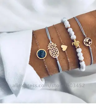 

100set/lot New Sets Bracelet Femme Heart Bead Map Chain Simple Charm Bracelet Lady Women Bracelet Fashion Friendship Bracelets