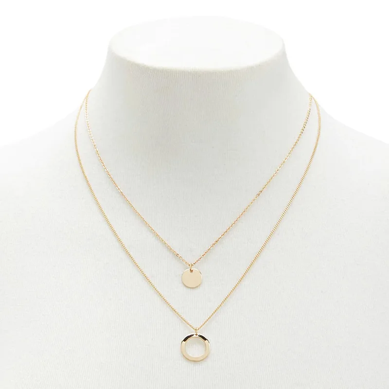 Simple Hollow Circular Clavicle Chain Necklace Pendant Female Double Layer Gold Exquisite Charm Necklaces for Women Neck Jewelry | Украшения