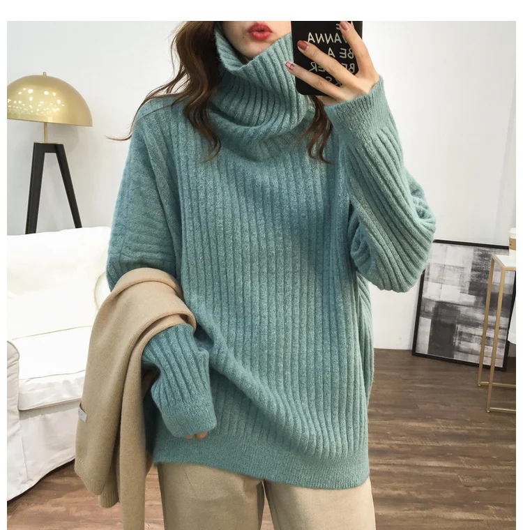 Осенняя шерстяная водолазка, вязаные пуловеры, свитера для женщин, зима, свободный Женский вязаный свитер, джемпер большого размера