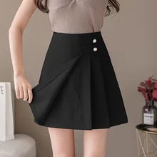 

Black Pleated Skirts Womens Casual Solid Ladies Skirt 2021 Summer Korean Fashion High Waist Slim Mini Lady Skirt Button Faldas