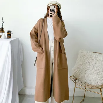 

2019 New V-neck Lantern Sleeves Knits Pocket Batwing Styles Loose Long Sweater Cardigan Female Open Stitch XX056