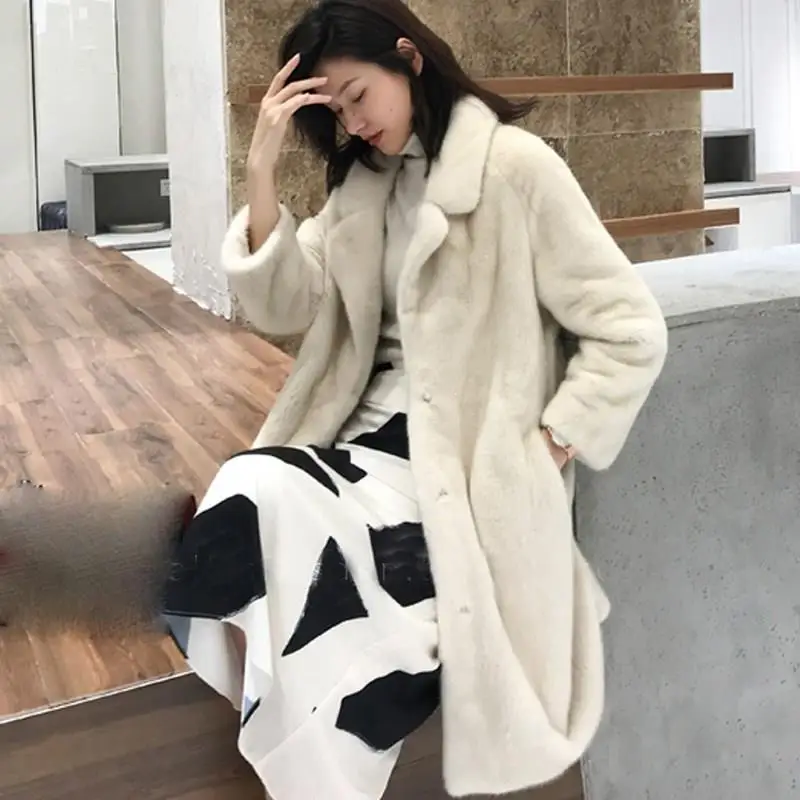 Модное пальто из искусственного меха, осенне-зимнее повседневное теплое приталенное длинное пальто из искусственной норки, толстое теплое меховое пальто с карманами, женская меховая куртка