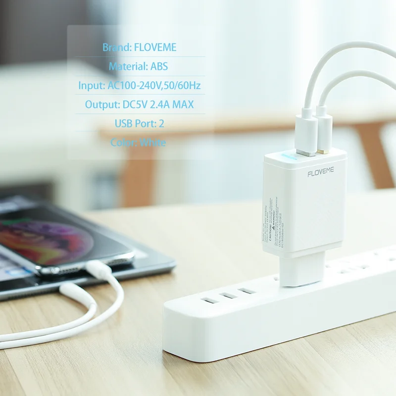 FLOVEME, быстрое зарядное устройство USB для телефона, два порта, зарядное устройство для телефона, 5 В, 2,4 А, евро вилка, дорожное настенное зарядное устройство для iPhone, samsung, Cargador, быстрое