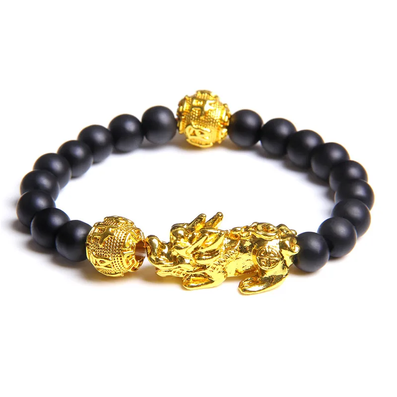 black onyx Богатство благословит золото Храбрые войска, браслеты с брелоками для Для мужчин плетеные Тибетские буддийские браслеты Лаки Природный камень «тигровый глаз» бусины ювелирные женские браслеты - Окраска металла: black onyx