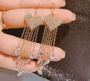 

2020 fashion little woman cute simple peach heart tassel mid-length dress zircon earrings