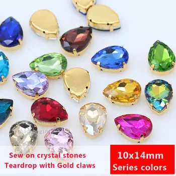 

20p 10x14mm teardrop color pointback glass stone sew on crystal rhinestones Droplet jewels gold bottom button for wedding dress