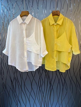 

2020 Early Autumn New Women's Lapel Irregular Unilateral Stitching Long Sleeve Solid Color Loose Shirt 724