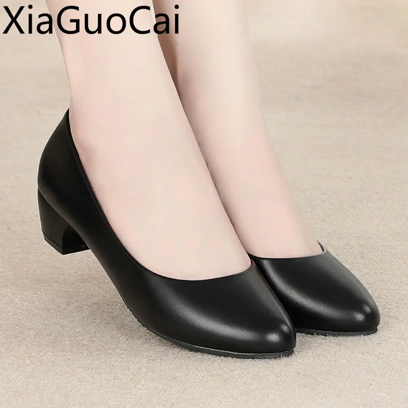 Gran tamaño 42 de las mujeres zapatos de trabajo negro único, de verano casuales de las señoras bombas cómodo bajo tacones de cuero de las mujeres zapatos de tacones altos