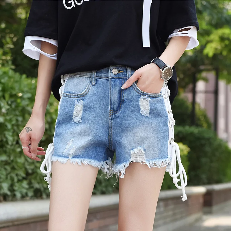 

2018 New Style Summer High Waist Slimming Flash Frayed Wearing Rope Lace-up Joint Denim Shorts Women's Fashion