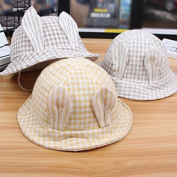 

Rabbit Ears Baby Toddler Summer Sun Cap Cartoon Lovely Plaid Bucket Hat Cotton