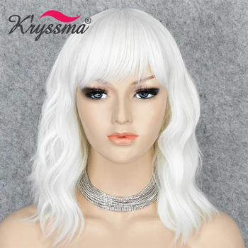 

White Wig Short Bob Wavy Synthetic Wigs Cosplay Wigs For Women Wigs With Bangs Heat Resistant Fiber Hair Wig For Halloween Party