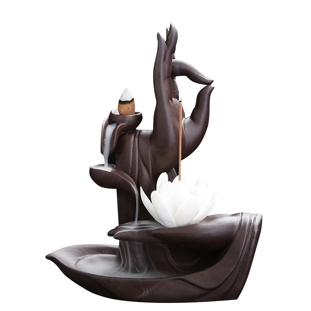 Ceramic Aromatherapy Teahouse Office Home Meditation Buddha Hand Backflow Yoga Incense Burner Clean Air Decoration Vintage
