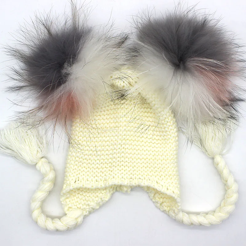 Детский вязаный шарф и шапка, комплект, Роскошные зимние теплые вязаные шапки и шарфы с натуральным мехом, Шапка-бини для мальчиков и девочек - Цвет: white hat3