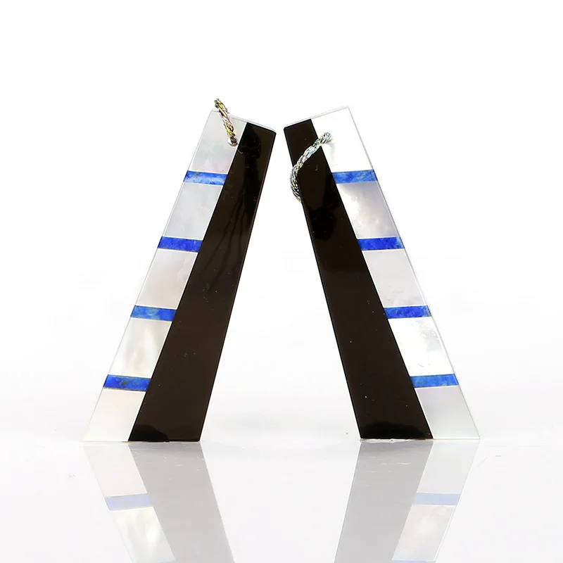 New design! M.O.P, Obsidian And Lapis Lazuli Intarsia Gemstone Earrings Bead, 37x11x2mm, 4g