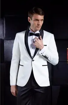 

mens sequin jacket White Men Suits Groom Tuxedos terno Groomsmen Wedding Party Dinner Best Man Suits (Jacket+Pants+BowTie)