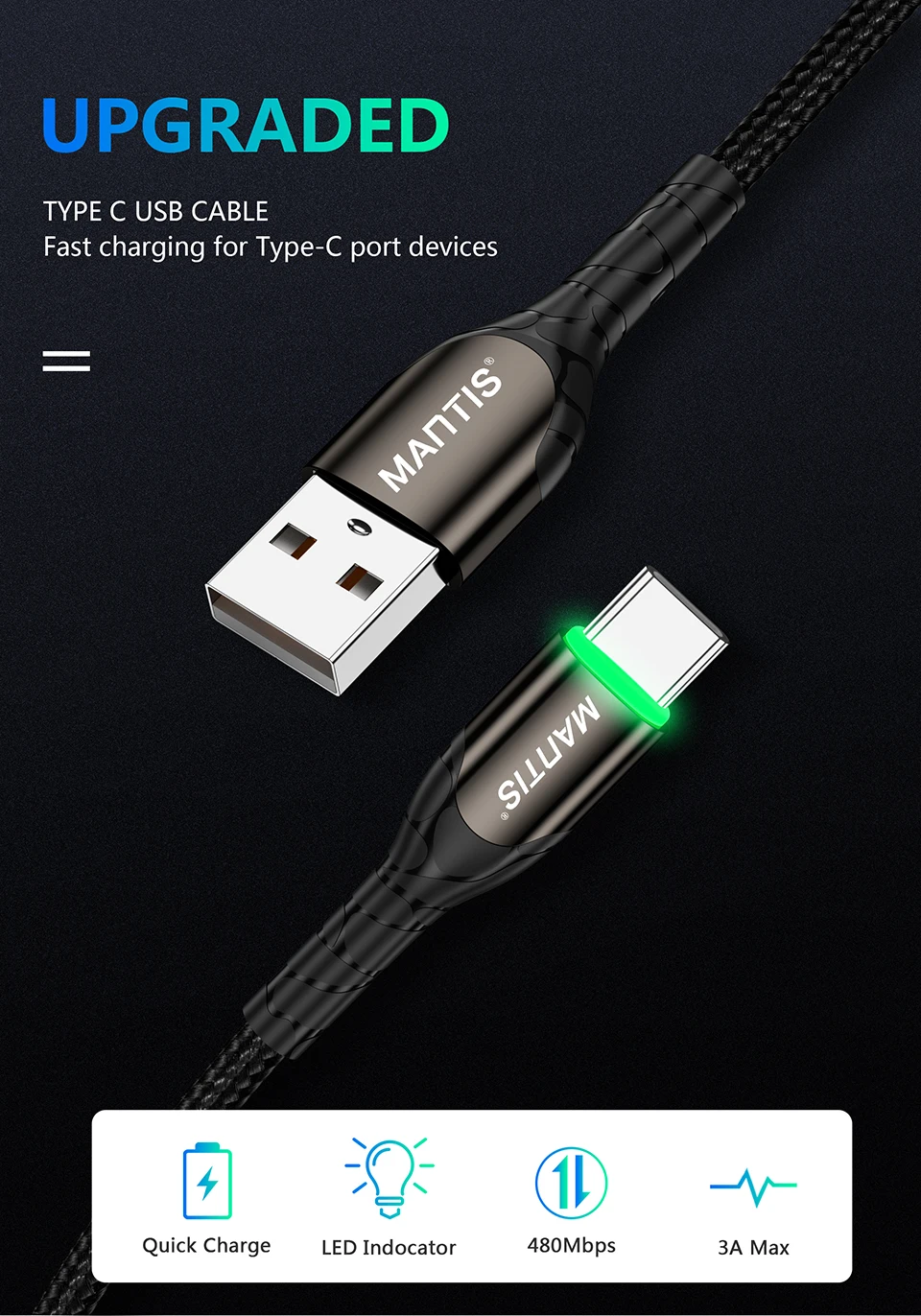 MANTIS 3 м 2 м 1 м usb type C кабель для samsung a50 s10 s9 s8 светодиодный USB C кабель синхронизации данных провод для быстрой зарядки Xiaomi Mi9 Redmi K20 Pro