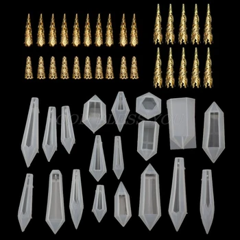 

19Pcs Resin Pendulum Molds Silicone Quartz Crystal Molds with 30Pcs Metal Bead Caps Epoxy UV Resin Molds Jewelry Tools