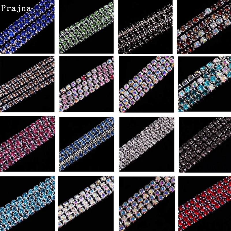 

Prajna SS6 SS10 SS12 Rhinestones AB Color White Rhinestone Chain Trim Strass For Dress Handiwork Crystal Sewn Applique 1 Yard F