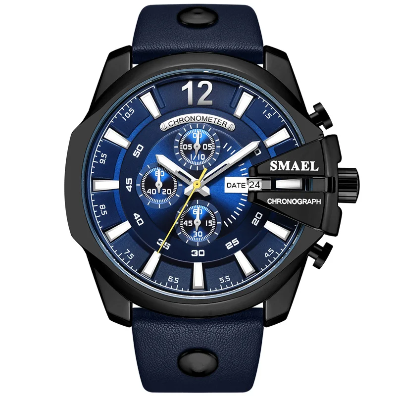 SL-9079 Blue Лидирующий бренд Роскошные Водонепроницаемые Часы повседневные кожаный ремень мульти-указатель дисплей Кварцевые часы мужские SL-9079 - Цвет: SL-9079 Blue