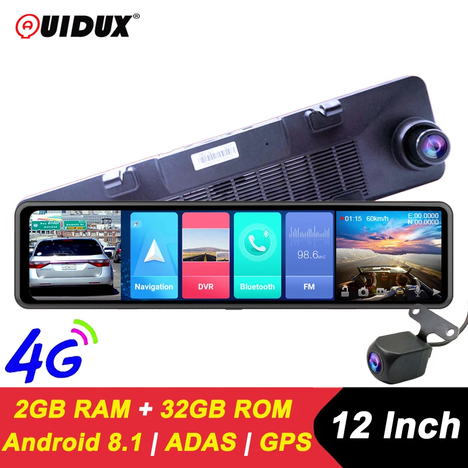 QUIDUX 12 Inch 4G Car Mirror DVR GPS Navigation 2GB RAM + 32GB ROM Android 8.1 Dash Cam Video Recorder FHD 1080P rearview mirror