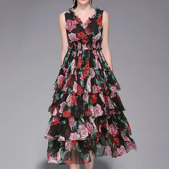 

2020 New Arrival Summer High Quality Runway Dress Female Chiffon Floral Printed Women Vintage Sleeveless V Neck European Design