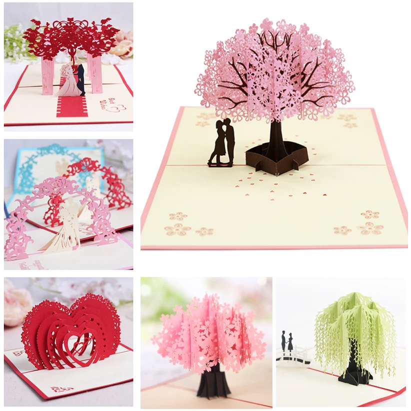 3D Pop UP Cards Valentines Day Gift Postcard with Envelope Stickers Cherry Tree Wedding & Engagement Invitation Greeting Cards
