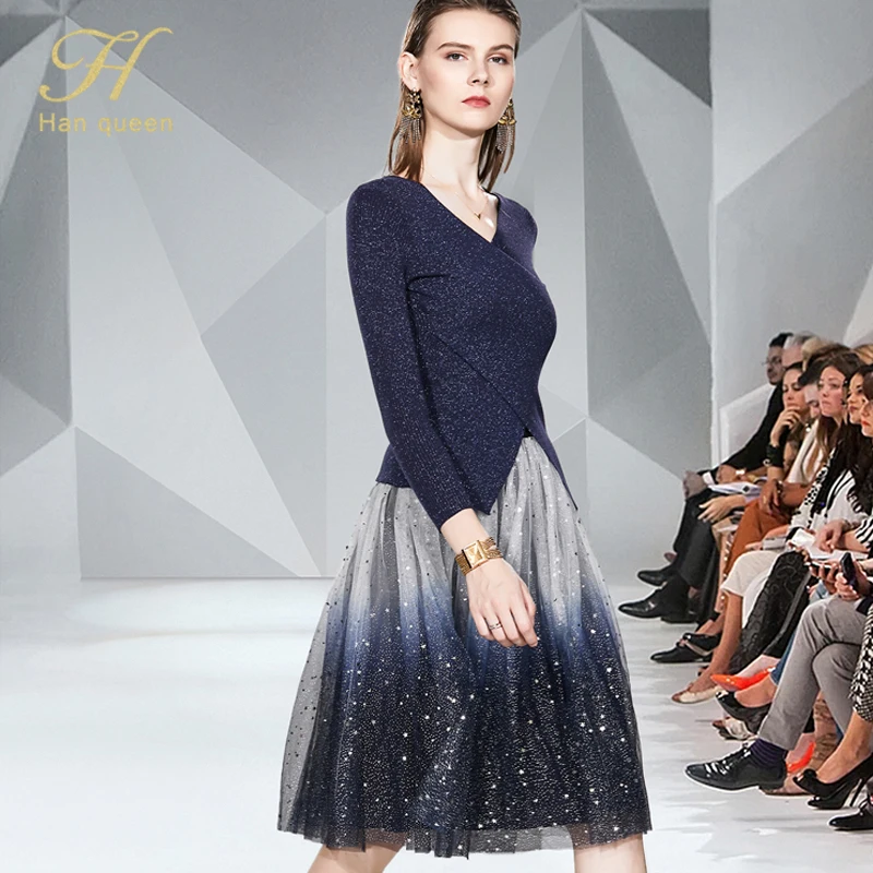 Navy blue H Han queen, вязанный женский костюм из 2 предметов,, осенне-зимний пуловер, укороченный топ и золотистая сетчатая юбка с градиентом, офисный комплект, Новинка - Цвет: Navy blue