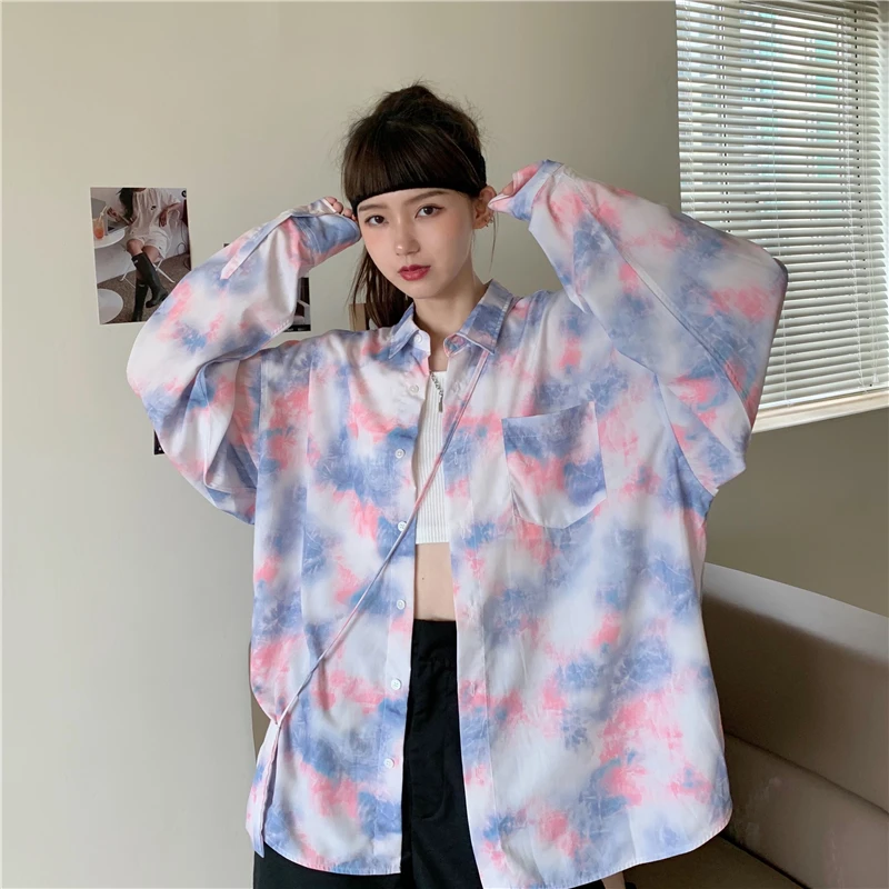 

Korean Chic Autumn New Harajuku Vintage Tie-dye Printing Design Blouses Shirt Full Sleeve Casual Loose Thin BF Blouses Shirt
