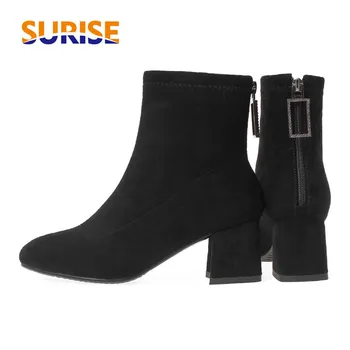 

Spring Winter Stretch Ankle Boots Women High Block Heel Round Toe Black Brown Flock Ladies Crystal Zipper Plush Short Sock Boots