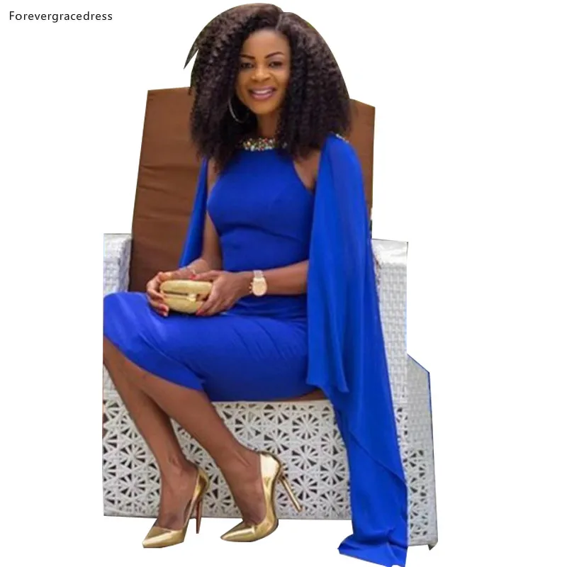 African Royal Blue Evening Dresses Tea Length Caped Beaded with Rhinestones Bodycon Backless Cocktail Prom Party Gowns 2016 97 (3)
