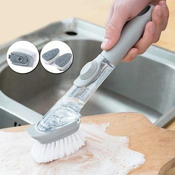 

2 In1 Long Handle Cleaning Brush With Removable Brush Head Non-stick Oil Automatically Liquid Adding Sponge Bowel Brush