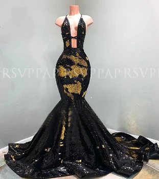 

Long Prom Dresses 2020 Sexy Mermaid Halter Black And Gold African Women Sequin Gala Prom Dress