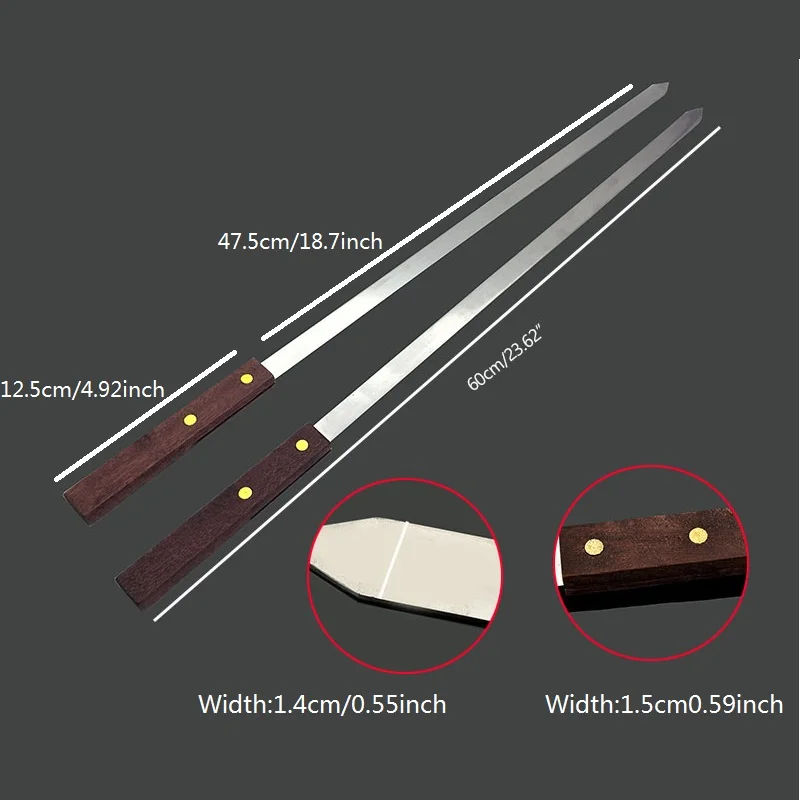 60cm 23.6"Large Stainless Steel BBQ Skewers Long Handle Shish Kebab Turkish Grill Skewer Barbecue Needle Fork BBQ Tool 2/5/10pcs