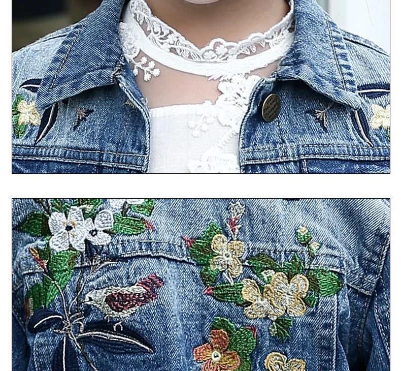 Модные джинсовые пальто для девочек; Детские однобортные джинсовые куртки с вышивкой; Верхняя одежда с длинными рукавами для девочек; пальто с цветочным принтом; AA11799
