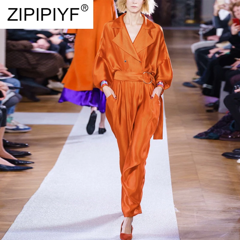 

Fashionable Temperament Large Lapel Women Loose Wear OL Comfortable Light Luxury Satin Double Breasted Jumpsuit C1964