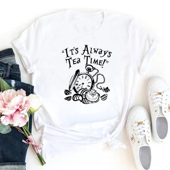 It's Always Tea Time-Camiseta con estampado de letras para Mujer, Camiseta de manga corta personalizada, Camiseta negra para Mujer