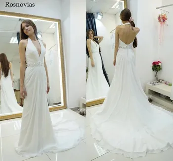 

Long A Line Chiffon Wedding Dresses With Peplum 2019 V Neck Backless Sweep Train Modest Bridal Gowns Vestido De Novia Customized