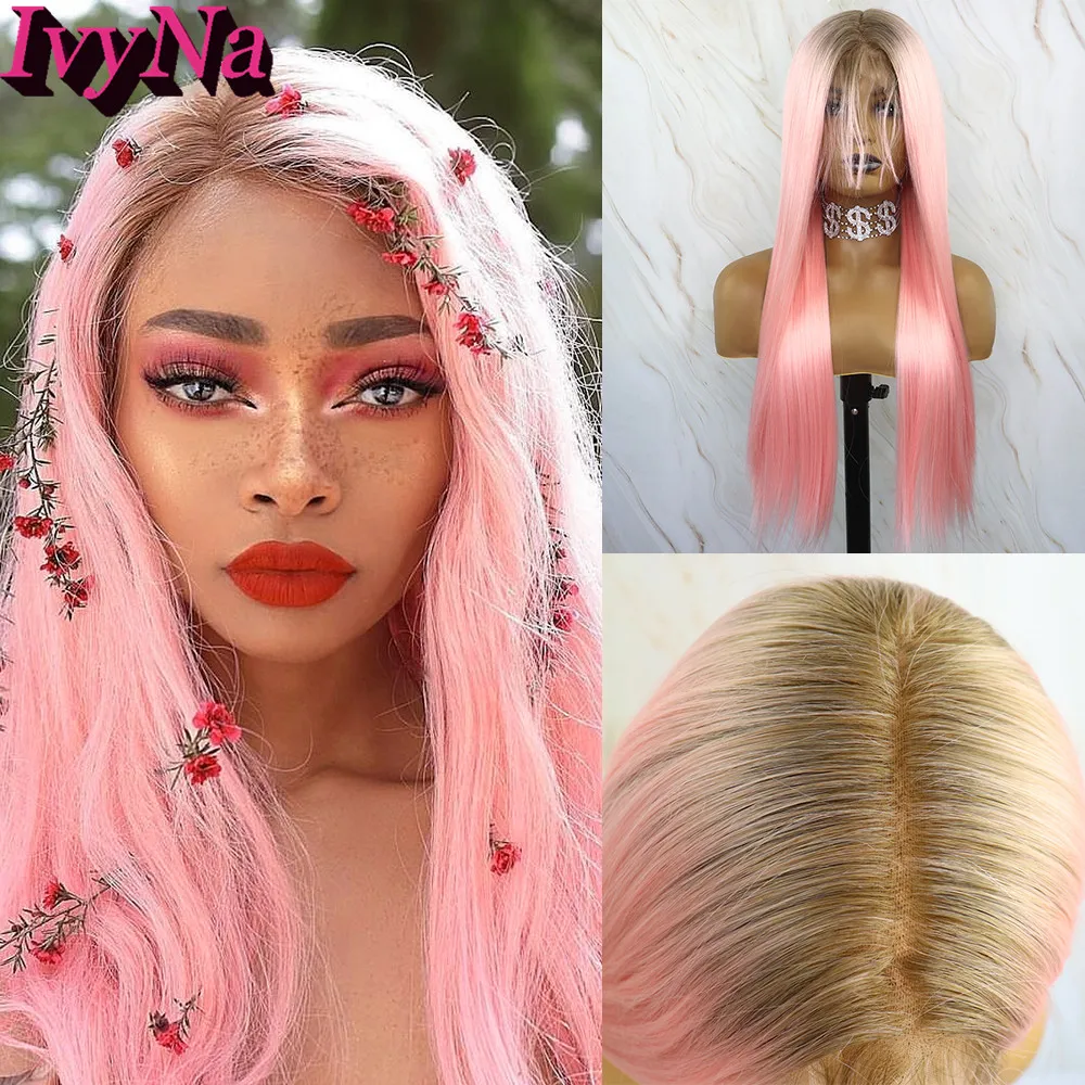 

IvyNa Pink Ombre Synthetic Lace Front Wigs 13x6 Brown Dark Roots 2 Tone Heat Resistant Long Straight Lace Front Wigs Baby Hair